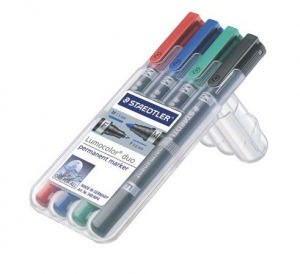 STAEDTLER "Lumocolor Duo" alkoholos marker F/M,0,6/1,5 mm kúpos kétvégű 4 különböző szín  (348 WP4)